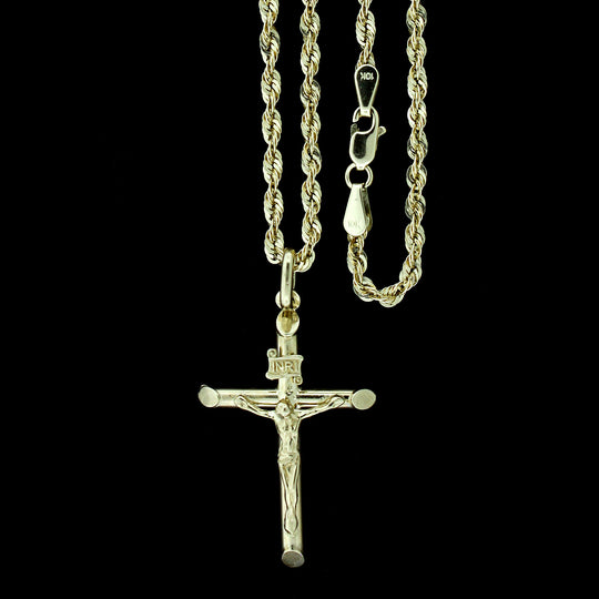 Real 10K Yellow Gold INRI Jesus Crucifix Cross Charm Pendant &amp; 2.5mm Rope Chain Necklace Set