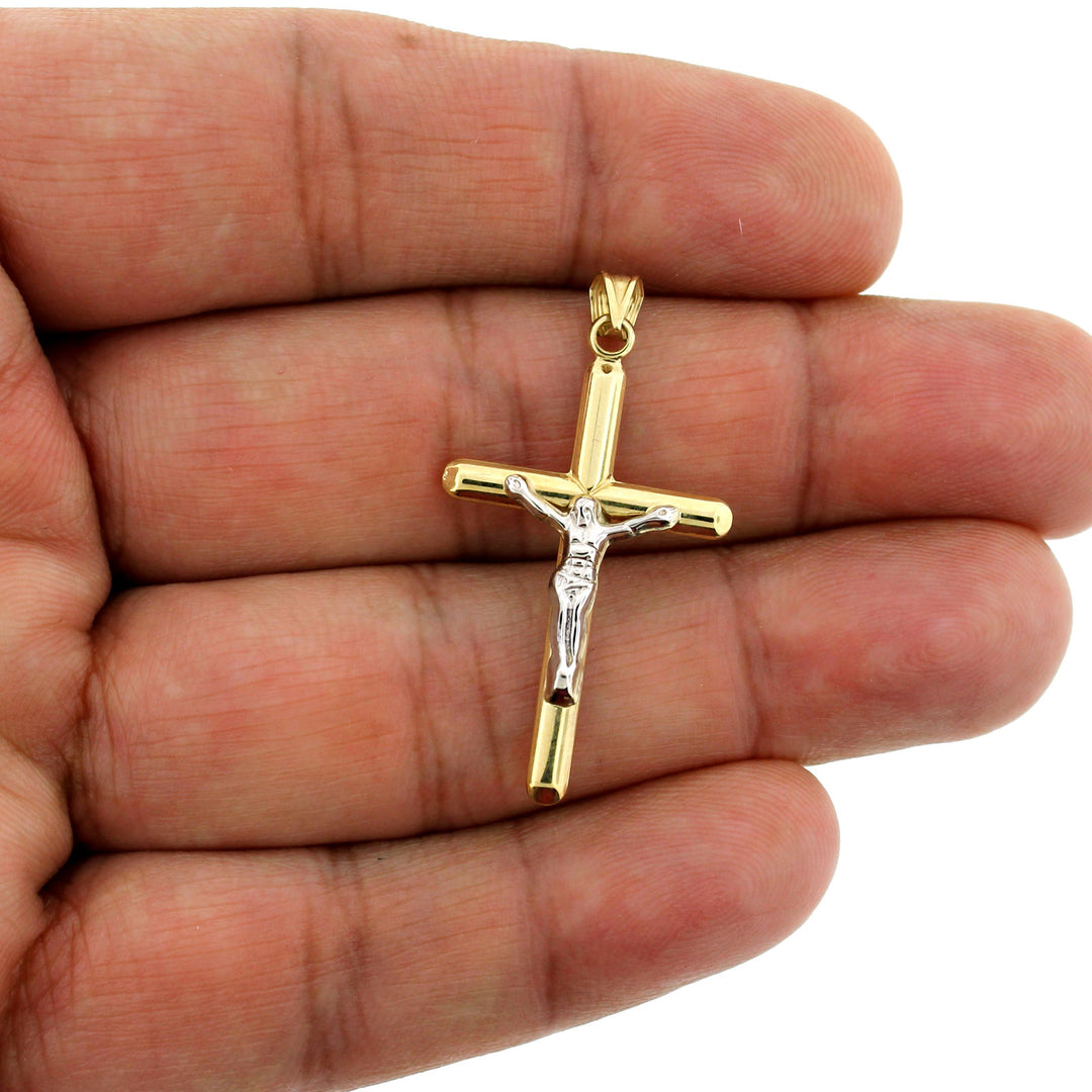 Real 10K Yellow Gold Diamond Cut Jesus Crucifix Cross Pendant &amp; 2.5mm Rope Chain Necklace Set