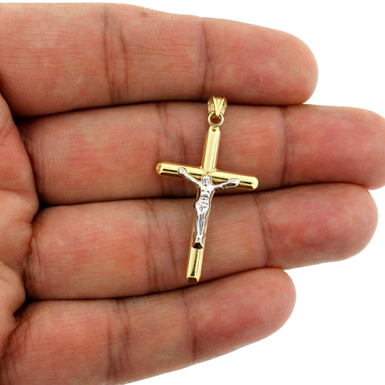 Real 10K Yellow Gold Diamond Cut Jesus Crucifix Cross Pendant &amp; 2.5mm Rope Chain Necklace Set