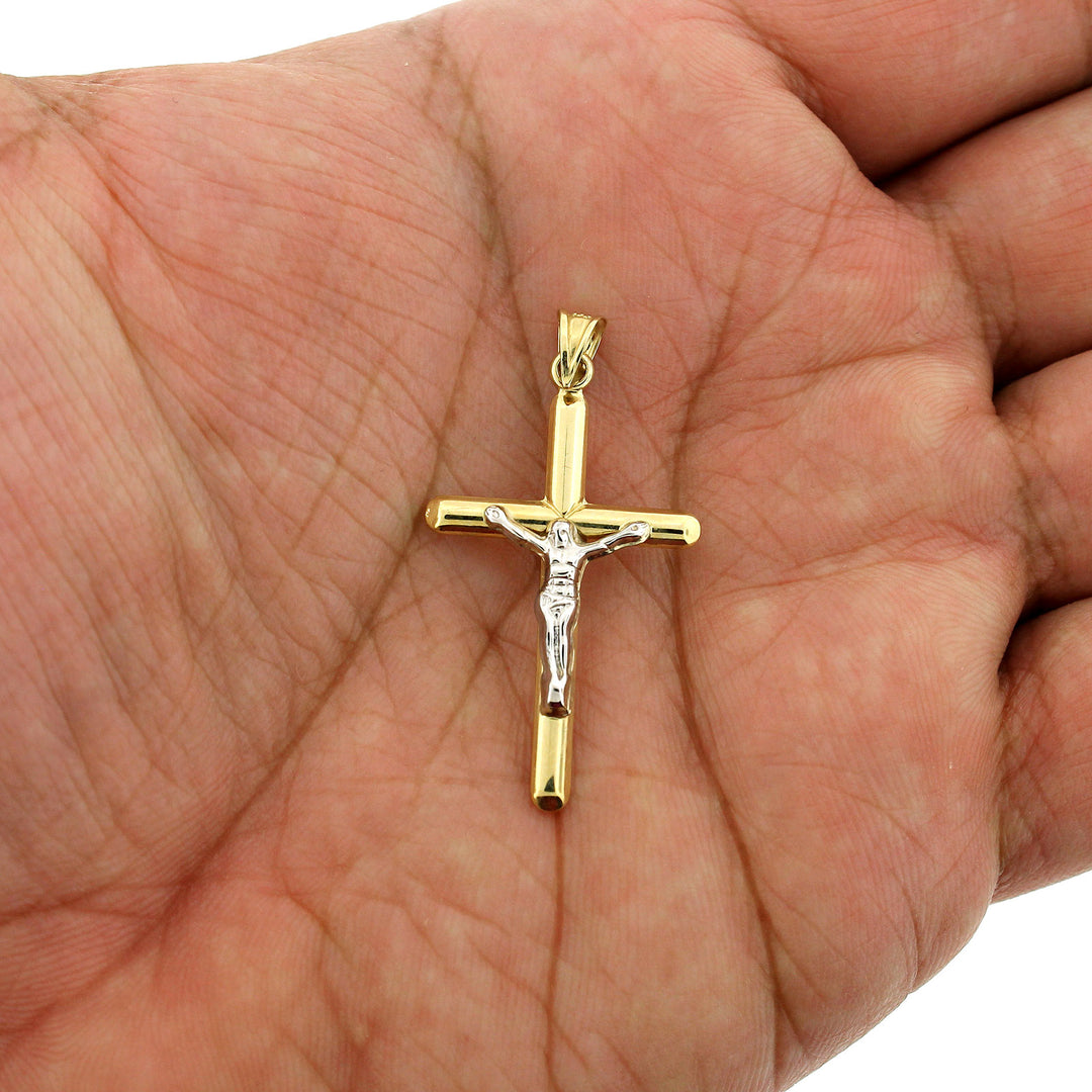 Real 10K Yellow Gold Diamond Cut Jesus Crucifix Cross Pendant &amp; 2.5mm Rope Chain Necklace Set