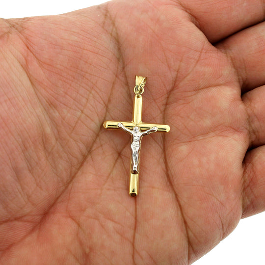 Real 10K Yellow Gold Diamond Cut Jesus Crucifix Cross Pendant &amp; 2.5mm Rope Chain Necklace Set