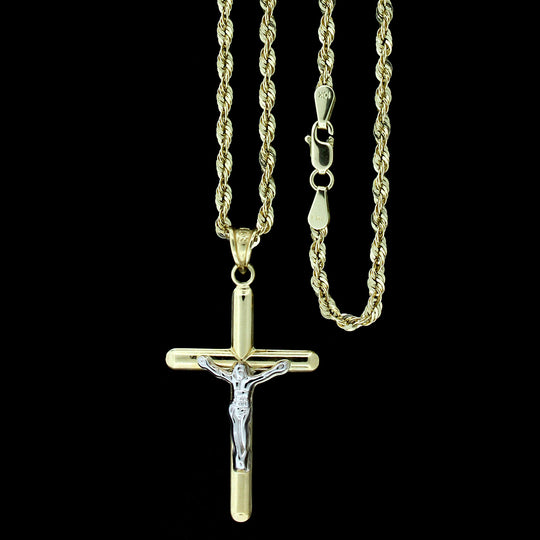 Real 10K Yellow Gold Diamond Cut Jesus Crucifix Cross Pendant &amp; 2.5mm Rope Chain Necklace Set