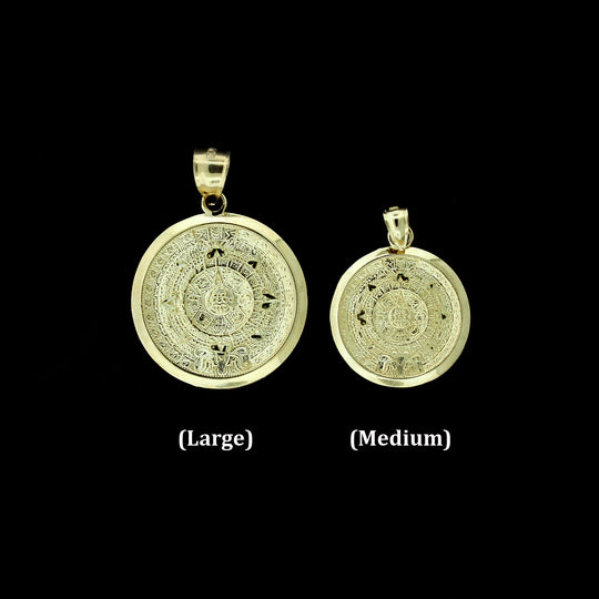 Real 10K Yellow Gold Diamond Cut Aztec Calendar Charm Pendant - 2 Sizes