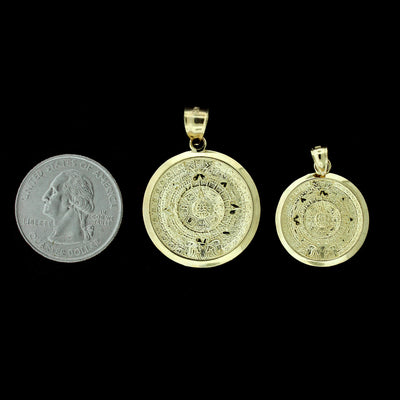 Real 10K Yellow Gold Diamond Cut Aztec Calendar Charm Pendant - 2 Sizes