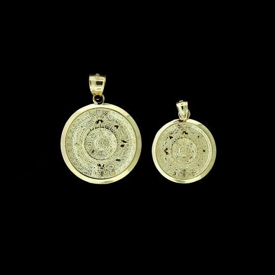 Real 10K Yellow Gold Diamond Cut Aztec Calendar Charm Pendant - 2 Sizes