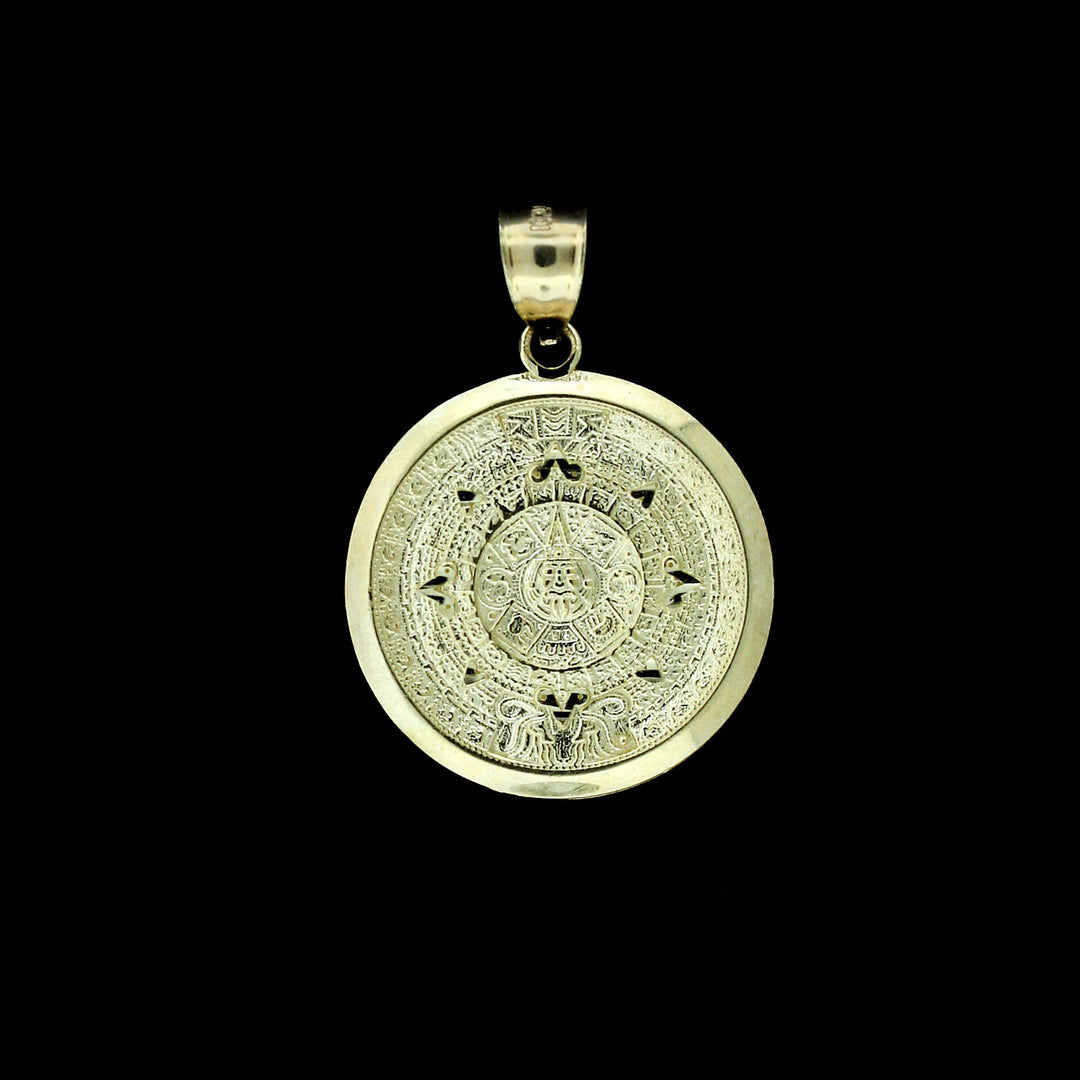 Real 10K Solid Yellow Gold Aztec Mayan Sun Calendar Pendant, 10KT Gold Charm