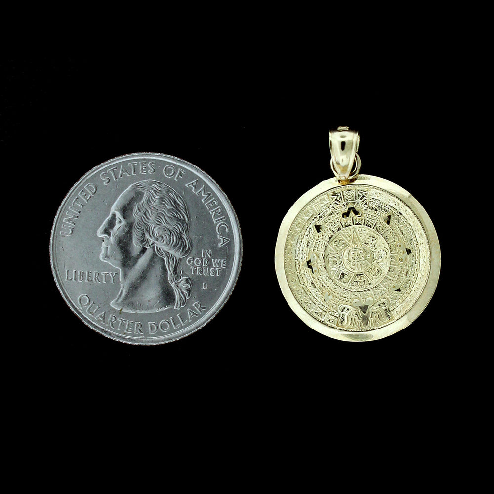 10K Solid Yellow Gold Aztec Mayan Sun Calendar Pendant & 2.5mm Rope Chain Necklace Set