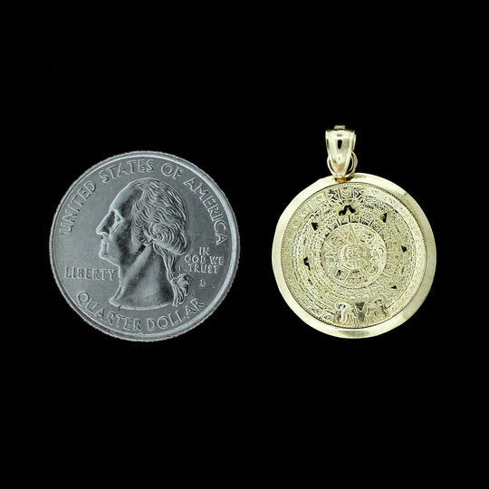10K Solid Yellow Gold Aztec Mayan Sun Calendar Pendant &amp; 2.5mm Rope Chain Necklace Set