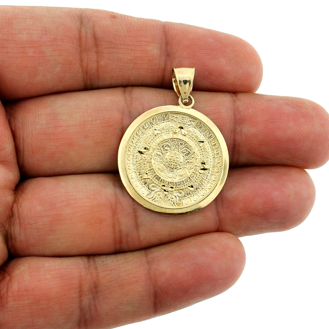 Real 10K Yellow Gold Diamond Cut Aztec Calendar Charm Pendant - 2 Sizes