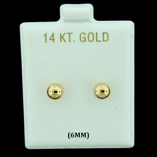 14K Real Solid Yellow Gold 6MM Round Ball Bead Stud Earrings, Men Women