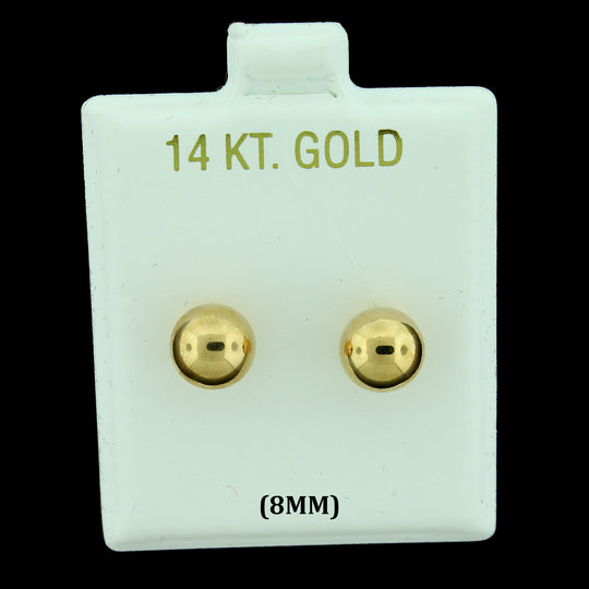 14K Real Solid Yellow Gold 8MM Round Ball Bead Stud Earrings, Men Women