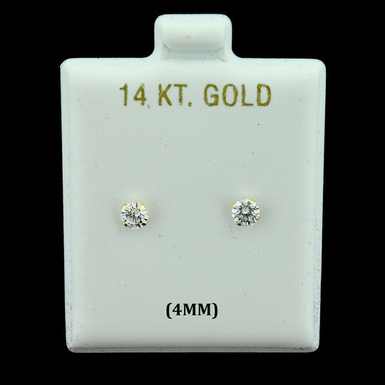 14K Real Solid Gold 4MM Solitaire Round CZ Stud Earrings, Men Women