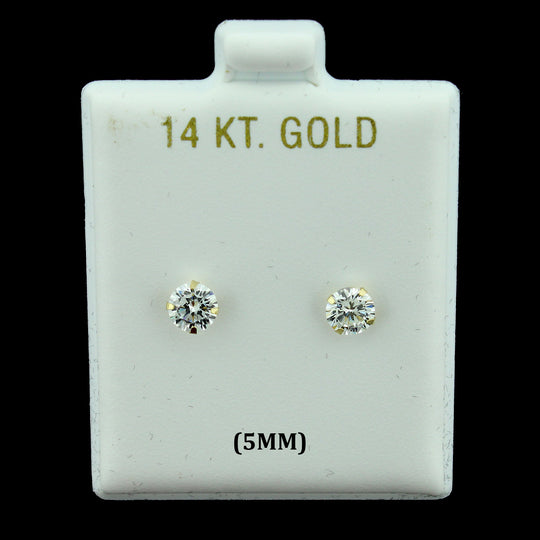 14K Real Solid Gold 5MM Solitaire Round CZ Stud Earrings, Men Women