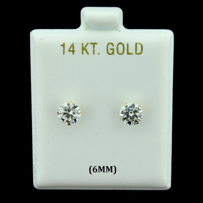 14K Real Solid Gold 6MM Solitaire Round CZ Stud Earrings, Men Women