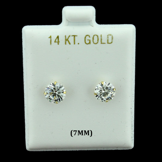 14K Real Solid Gold 7MM Solitaire Round CZ Stud Earrings, Men Women