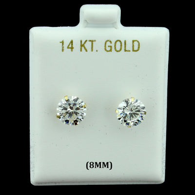 14K Real Solid Gold 8MM Solitaire Round CZ Stud Earrings, Men Women
