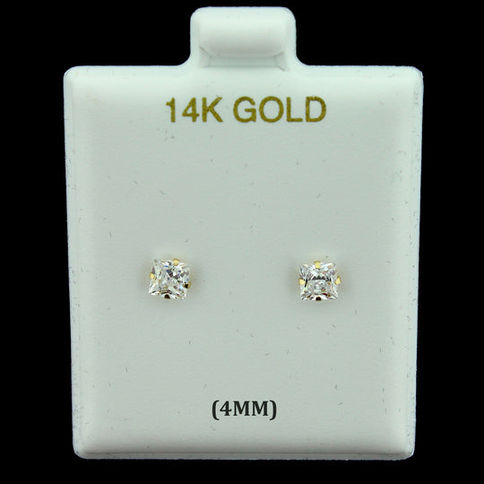 14K Real Solid Gold 4MM Princess Cut Square CZ Stud Earrings, Men Women