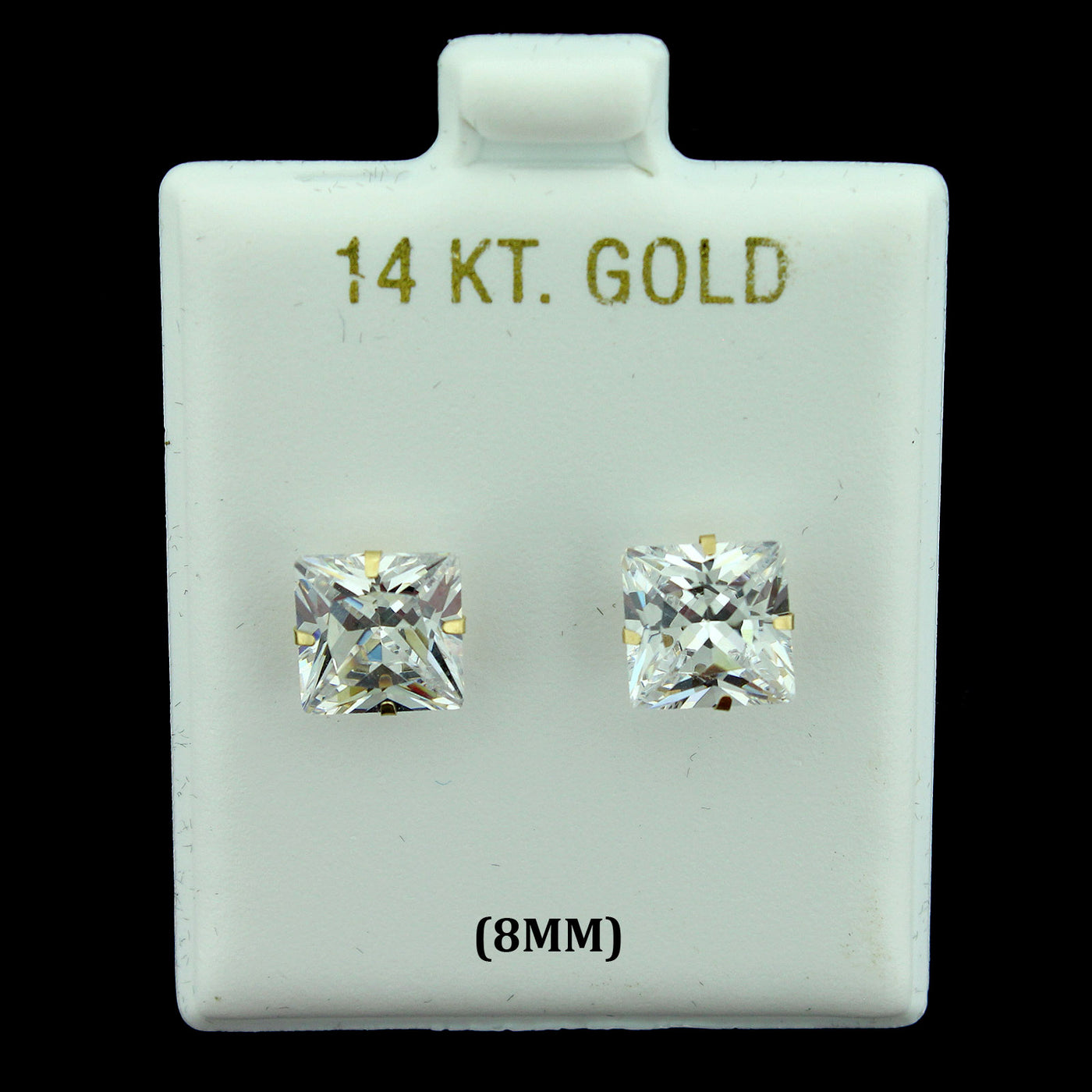 14K Real Solid Gold 8MM Princess Cut Square CZ Stud Earrings, Men Women