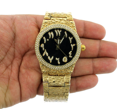 14K Gold Plated Nugget Watch Real Mens Iced CZ Hip Hop Black Arabic Dial