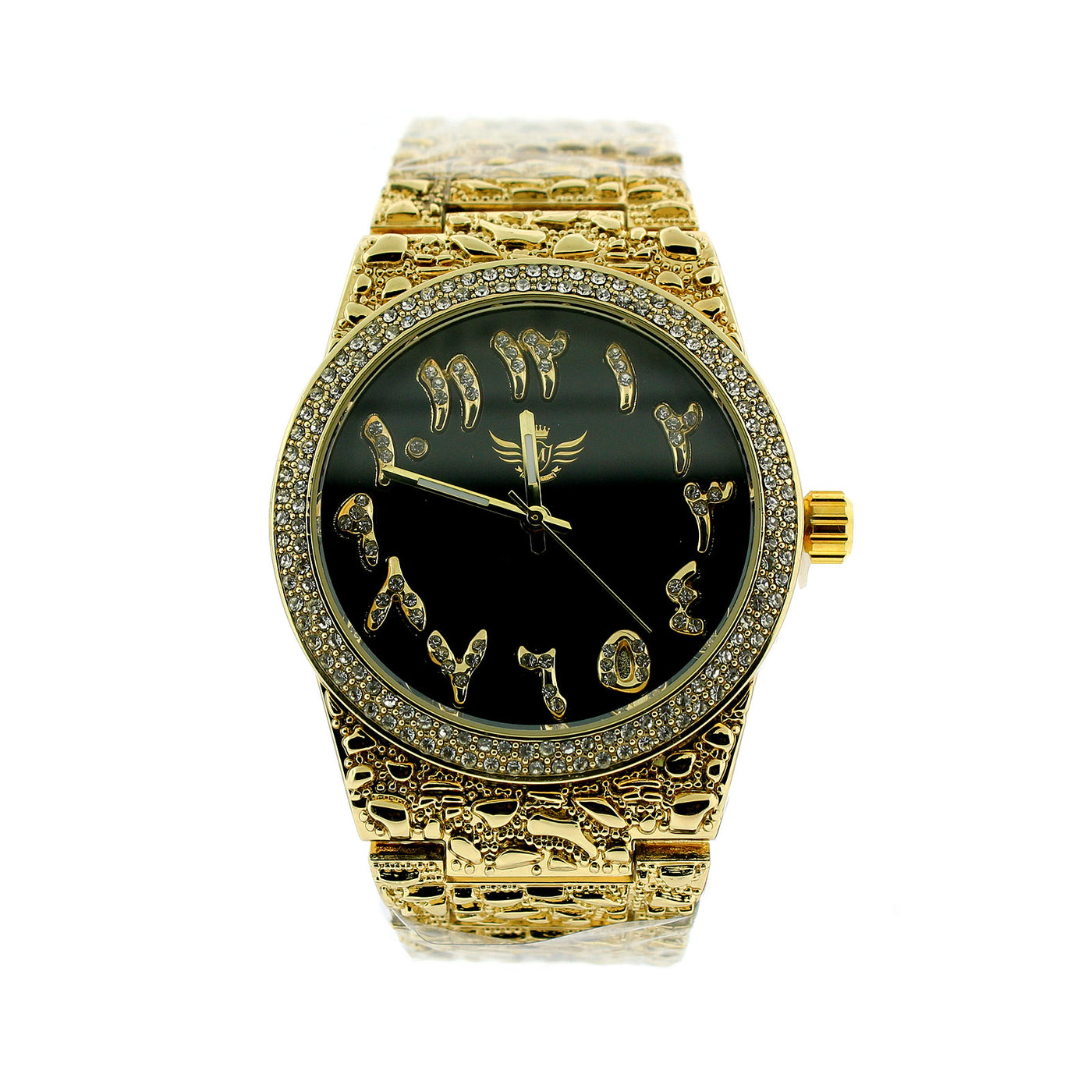 14K Gold Plated Nugget Watch Real Mens Iced CZ Hip Hop Black Arabic Dial