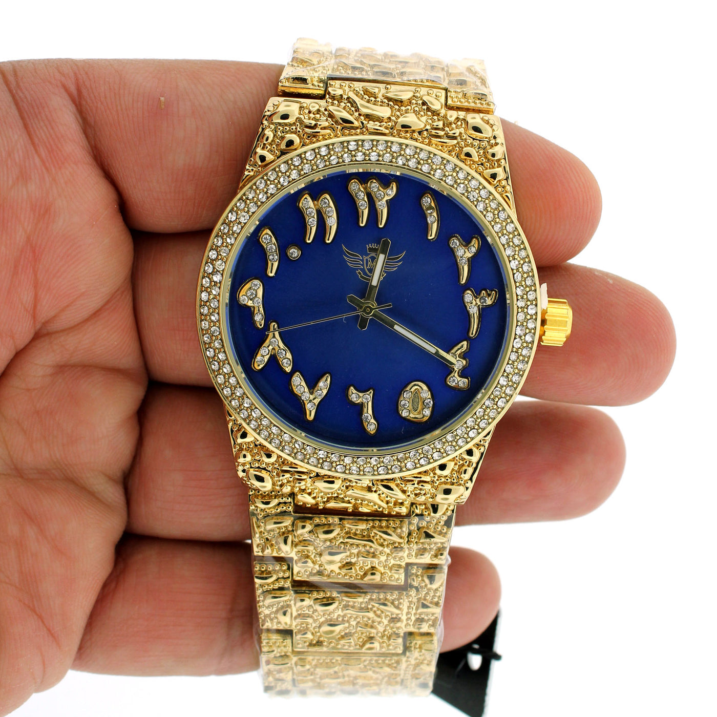 14K Gold Plated Nugget Watch Real Mens Iced CZ Hip Hop Blue Arabic Dial