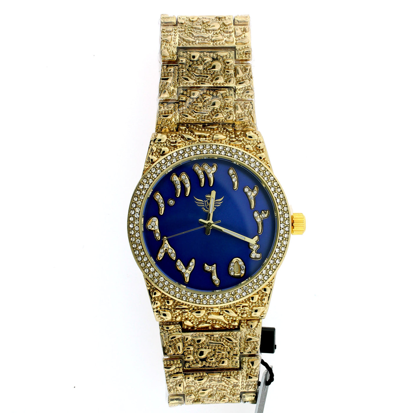 14K Gold Plated Nugget Watch Real Mens Iced CZ Hip Hop Blue Arabic Dial