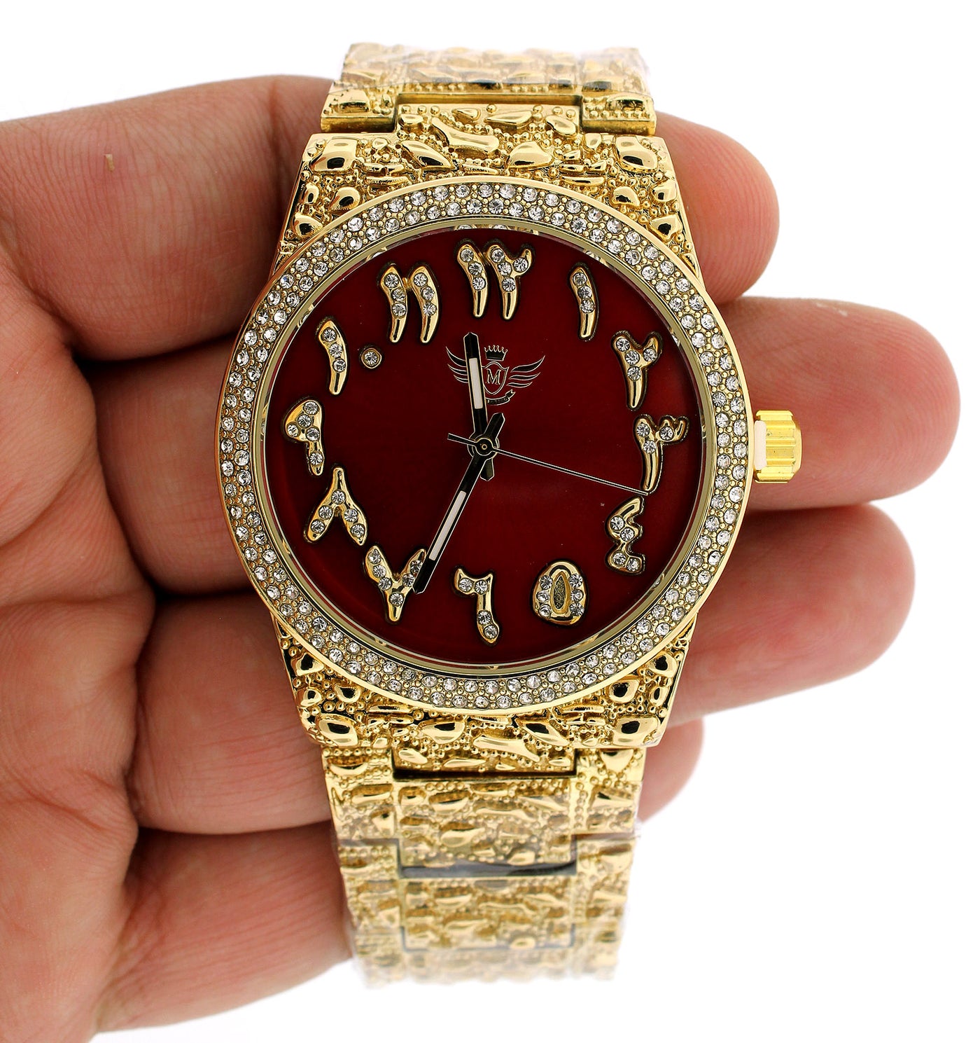 14K Gold Plated Nugget Watch Real Mens Iced CZ Hip Hop Red Arabic Dial