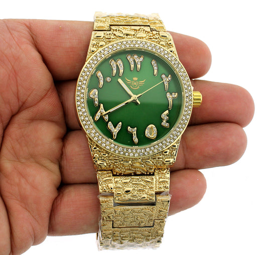 14K Gold Plated Nugget Watch Real Mens Iced CZ Hip Hop Green Arabic Dial