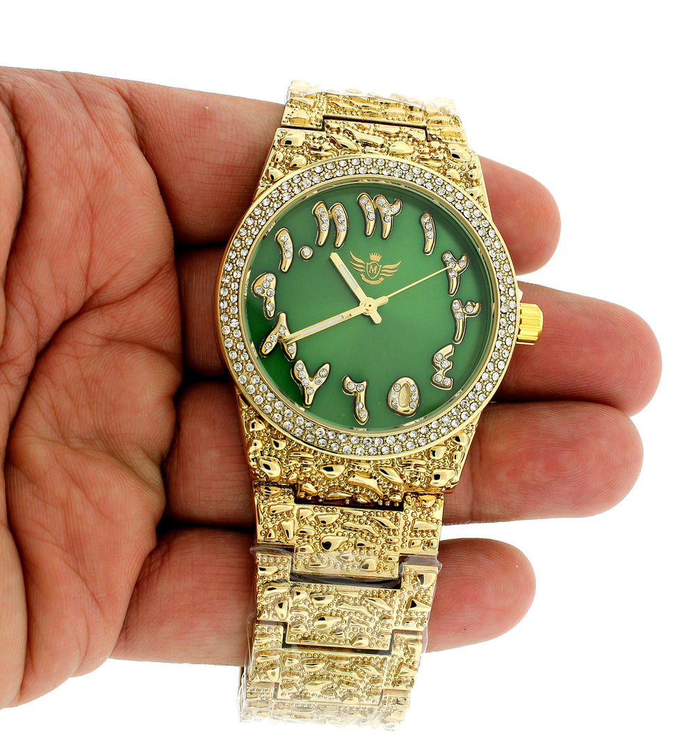 14K Gold Plated Nugget Watch Real Mens Iced CZ Hip Hop Green Arabic Dial