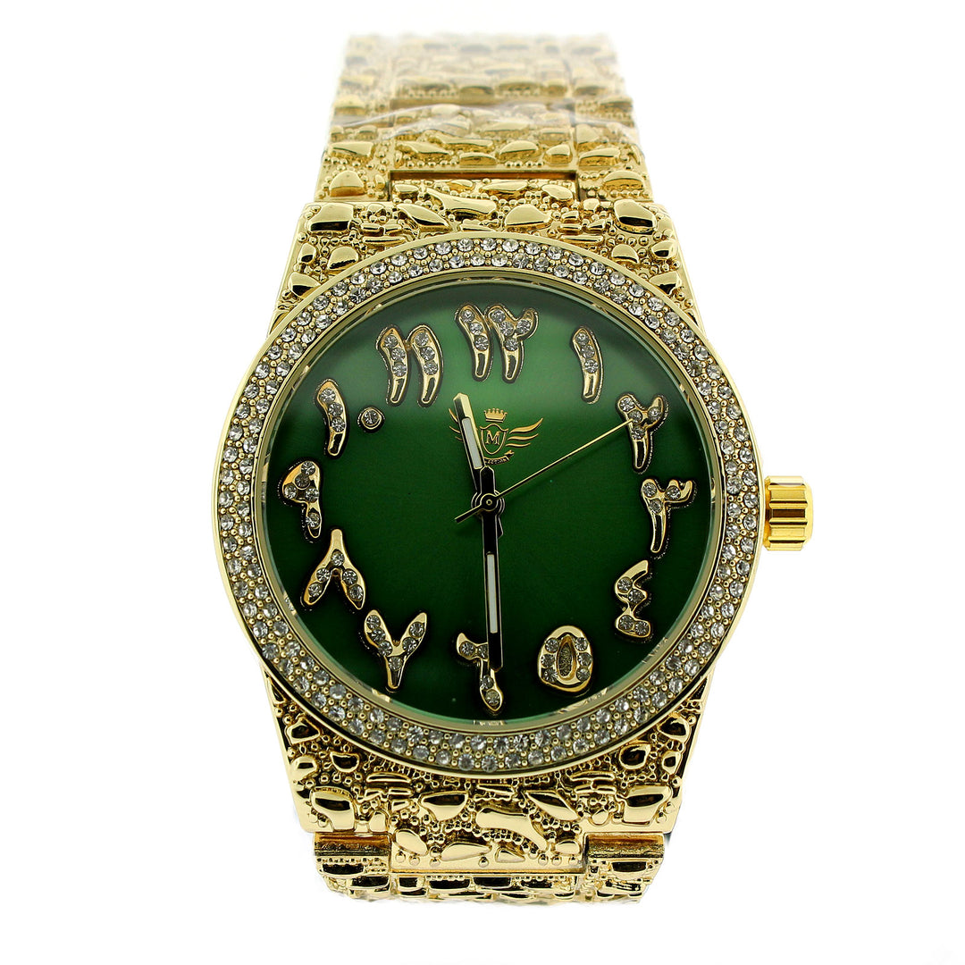 14K Gold Plated Nugget Watch Real Mens Iced CZ Hip Hop Green Arabic Dial
