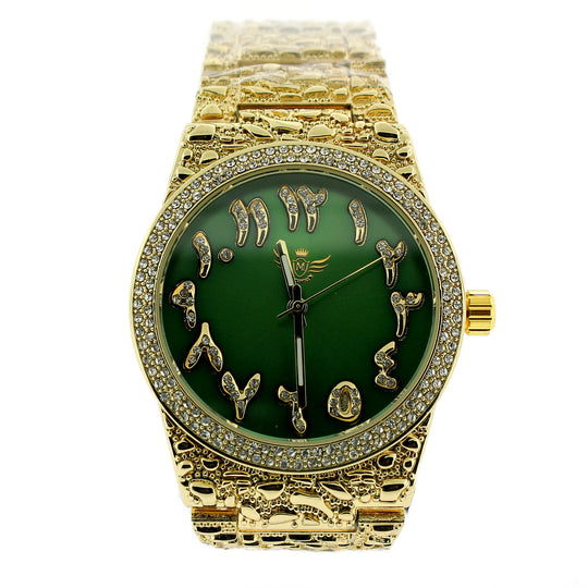 14K Gold Plated Nugget Watch Real Mens Iced CZ Hip Hop Green Arabic Dial