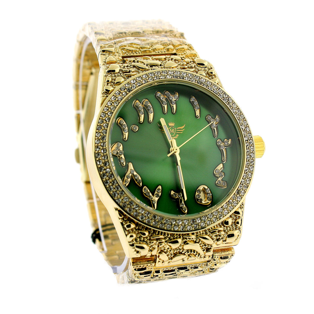 14K Gold Plated Nugget Watch Real Mens Iced CZ Hip Hop Green Arabic Dial